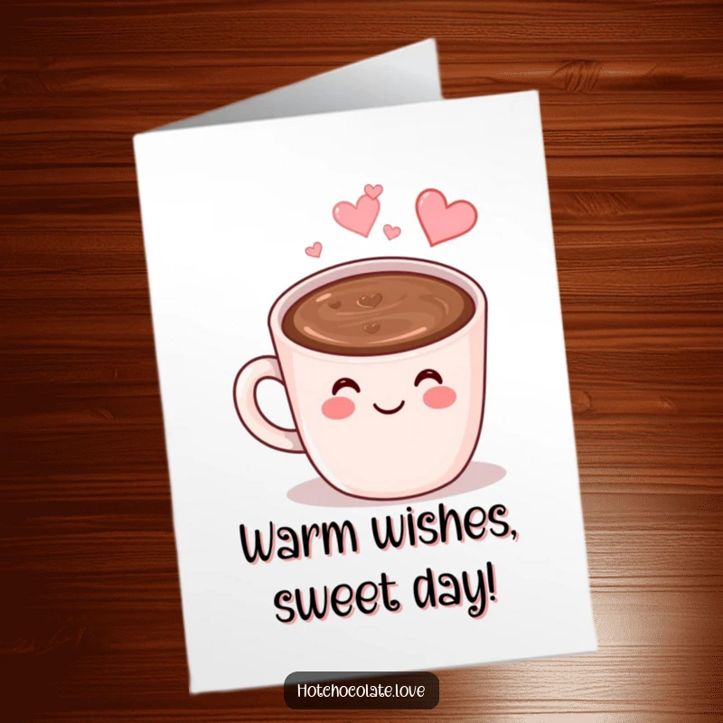 Funny Free Printable Birthday Card: A smiling anthropomorphic mug of hot chocolate with heart-shaped steam wishes happy birthday.