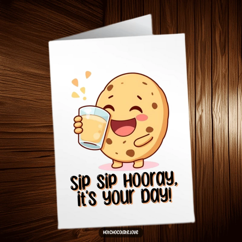 Funny Free Printable Birthday Card: Happy cookie with a big cheerful sip from a mug, pure joy expressed.