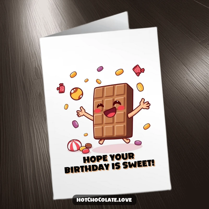 Funny Free Printable Birthday Card: joyful chocolate bar with a huge smile, expertly juggling small colorful candies with flair.