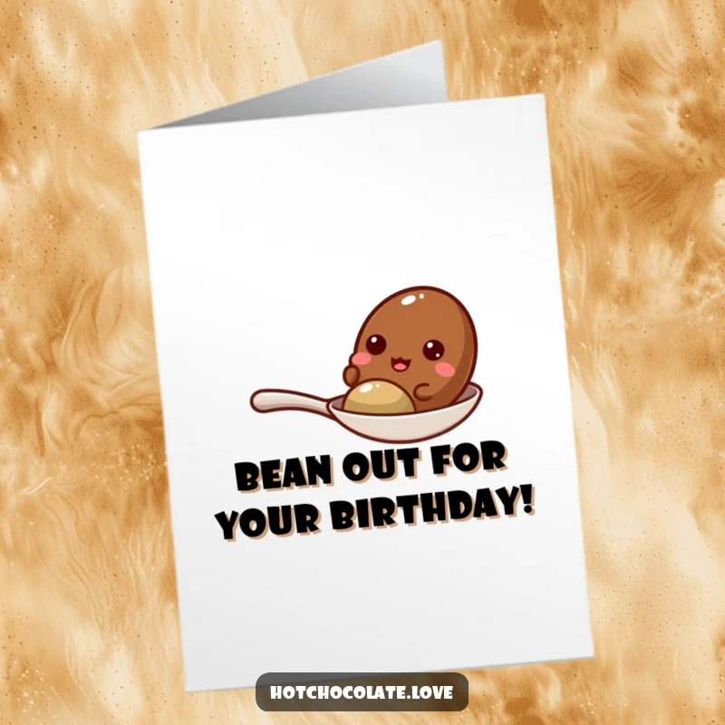 Funny Free Printable Cocoa Bean Card: A tiny cocoa bean giggling uncontrollably while perched on a miniature spoon, pure joy.