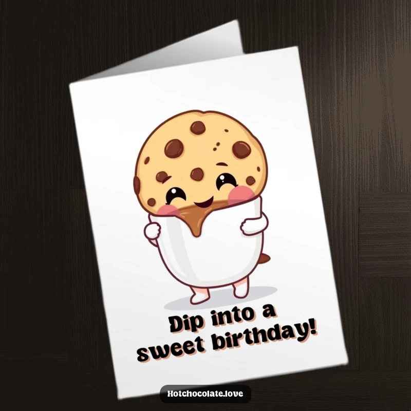 Funny Free Printable Birthday Card: A cheerful chocolate chip cookie happily dips into a mug of hot chocolate.