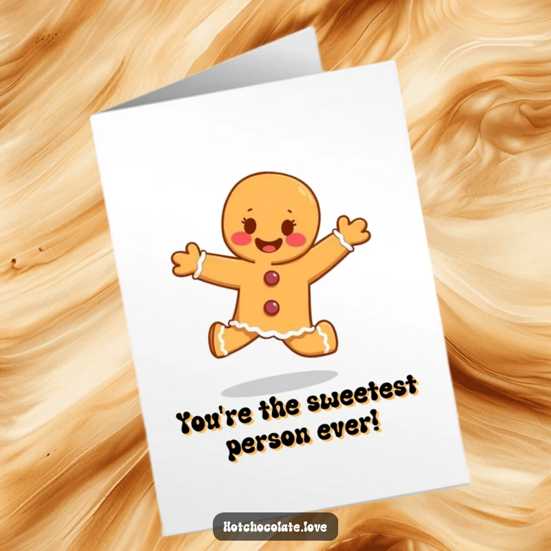 Funny Free Printable Birthday Card: A delighted gingerbread person skips with pure glee and frosting details.