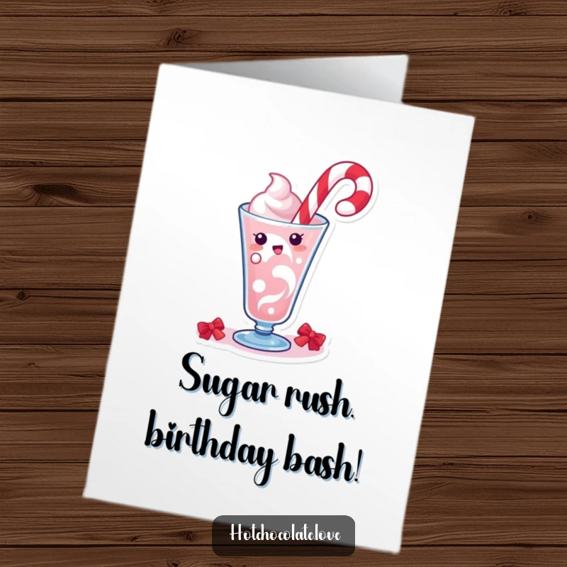 Funny Free Printable Birthday Card: Playful candy cane character swirling merrily in a festive drink, spreading joy.