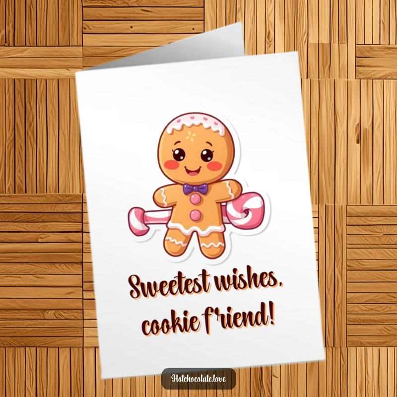 Funny free printable birthday card featuring a cheerful gingerbread man riding a peppermint stick, ready for a sweet celebration.