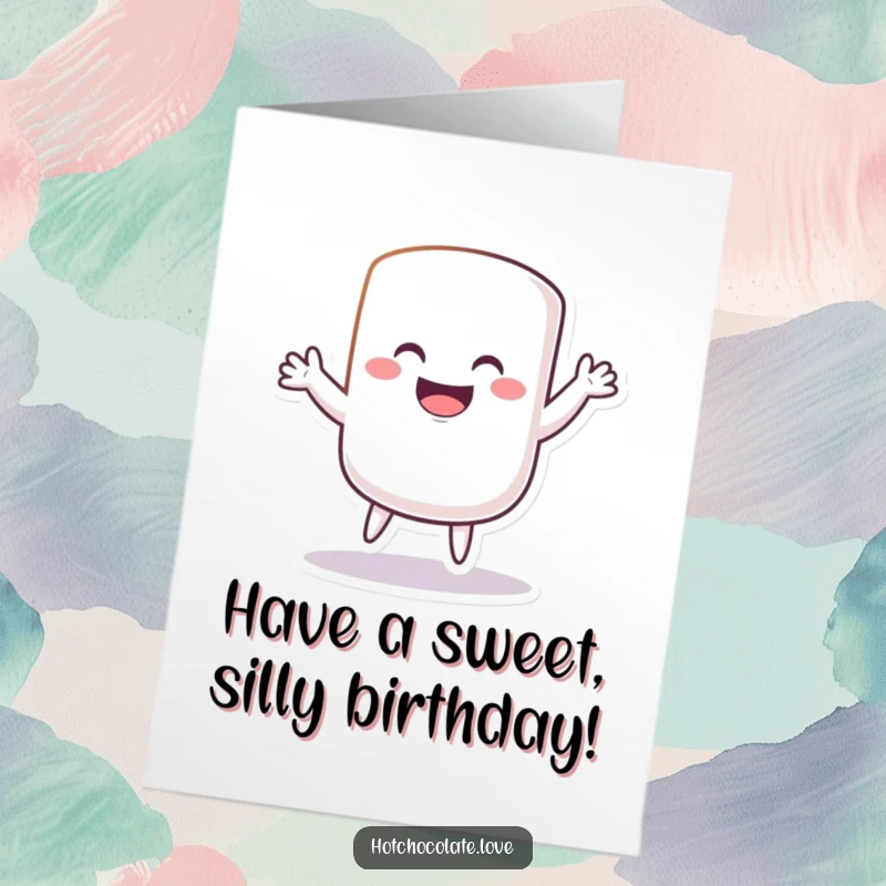 Funny Free Printable Birthday Card: grinning marshmallow with arms and legs out, doing a silly, energetic dance with a huge smile.