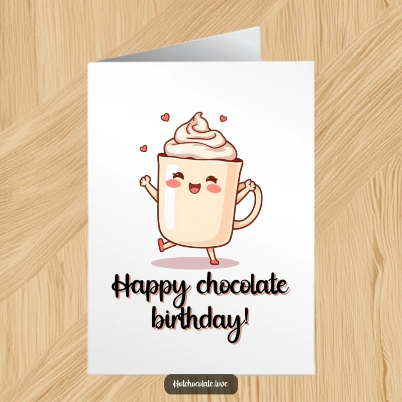 Funny Free Printable Birthday Card: A steaming mug of hot chocolate busting out a happy dance with tiny arms and legs.