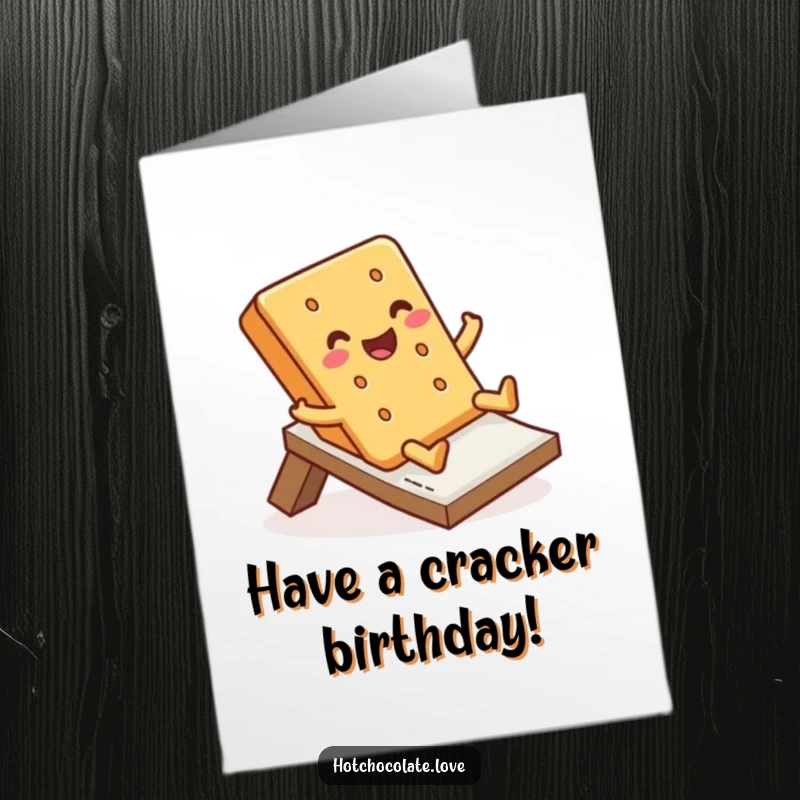 Funny Free Printable Happy Birthday Card showing a jolly graham cracker enthusiastically doing a happy slide.