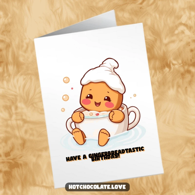 Funny Free Printable Birthday Card, delighted gingerbread person happily swimming in a mug of delicious hot chocolate.