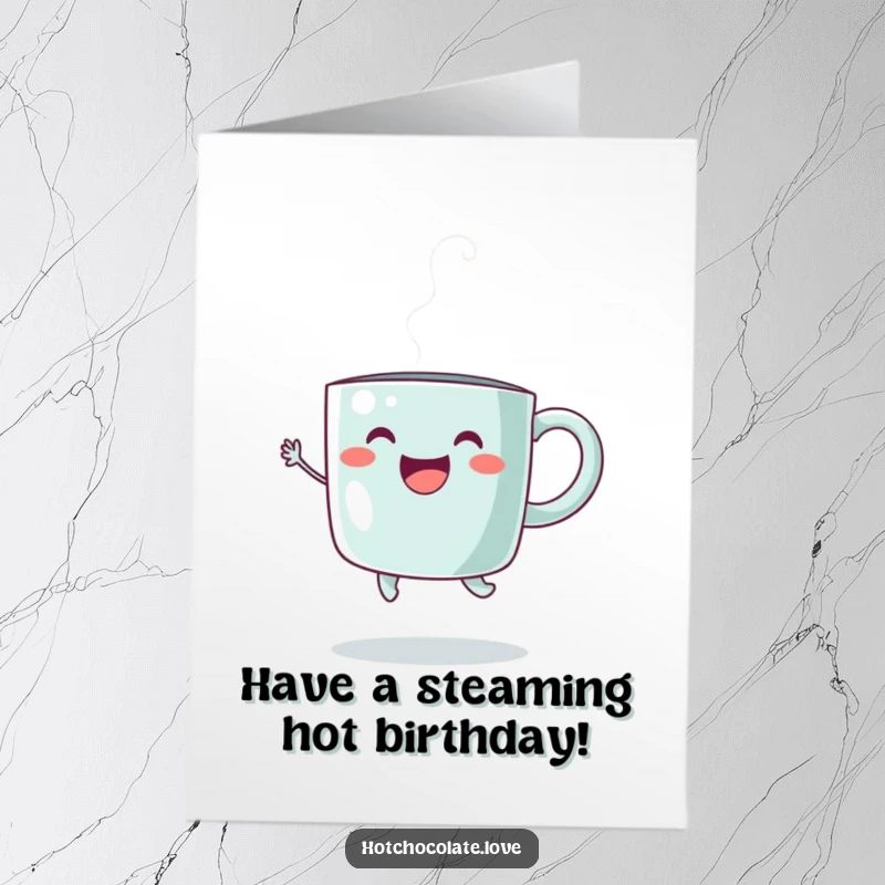 Funny Free Printable Birthday Card: happy steaming coffee mug mid-air, doing a joyful jump with steam trails, exuding cheer.