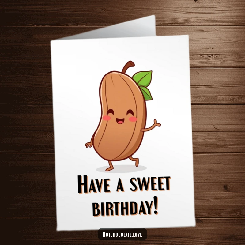 Funny Free Printable Birthday Card: Delighted cocoa bean with a small smile, doing a happy little jig.