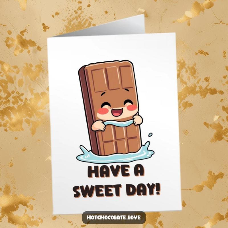 Funny free printable giggling chocolate bar person taking a dip, celebrating a birthday.