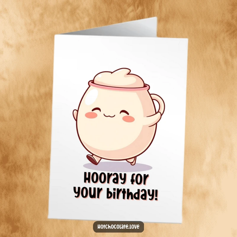 Funny Free Printable birthday card showing a plump, happy mug joyfully skipping, radiating pure birthday excitement and cheer.