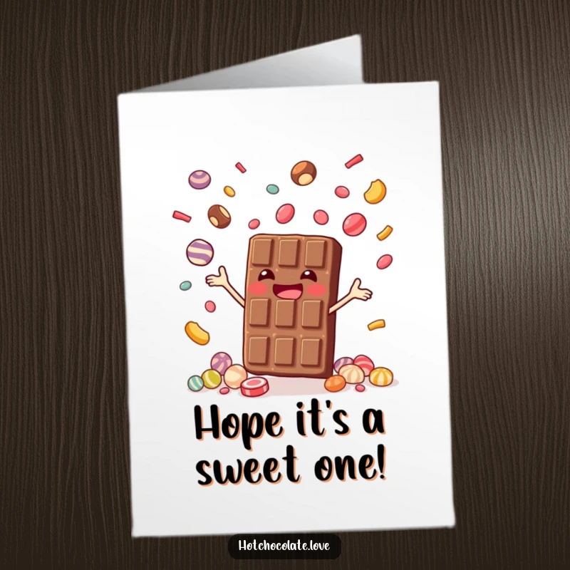 Funny free printable birthday card showing a happy chocolate bar skillfully juggling small candies.