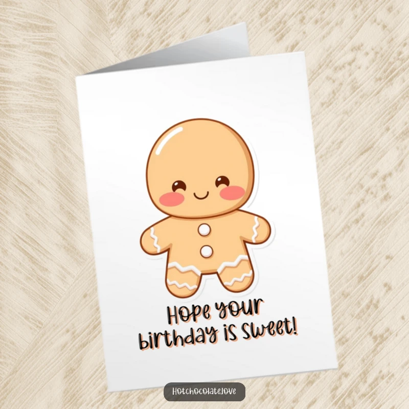 Free Printable Birthday Card featuring a blushing gingerbread man with a shy smile offering a very warm, sweet greeting.