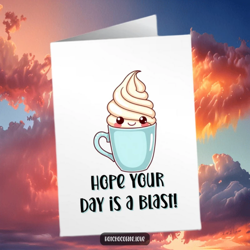 Funny free printable birthday card featuring a cheerful whipped cream swirl character popping playfully out of a coffee mug.