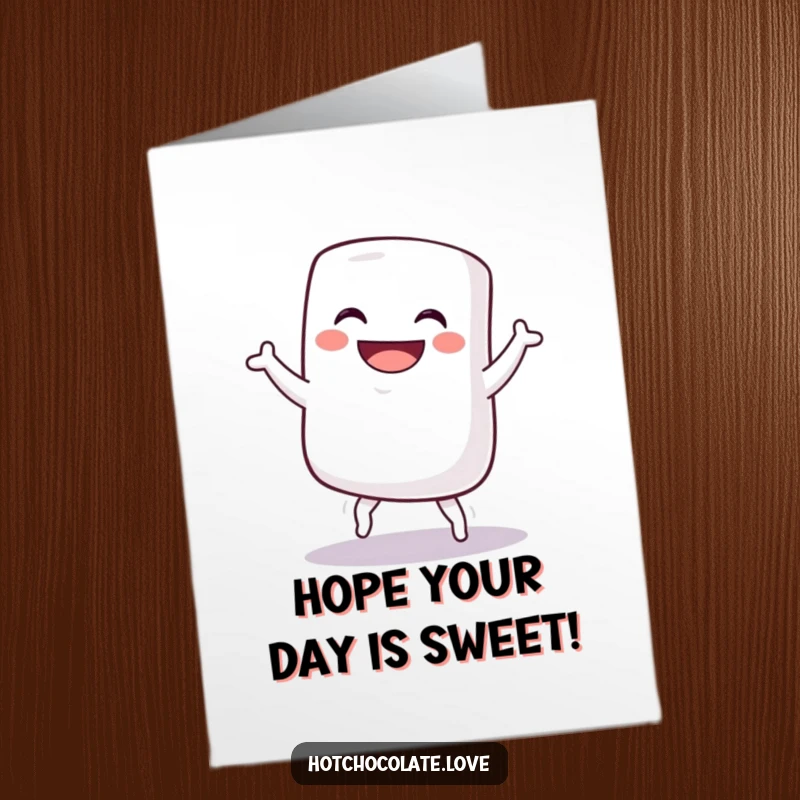 Funny free printable birthday card showing a grinning marshmallow doing a goofy, energetic dance.