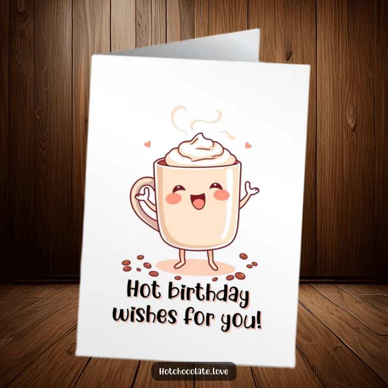Funny Free Printable Happy Birthday Card: A steaming mug of hot chocolate with arms and legs dances joyfully, celebrating happily.