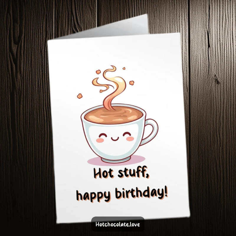 Funny Free Printable Birthday Card: A smiling cup of hot chocolate with playful steam swirling upwards.