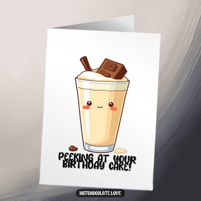 Funny Free Printable Birthday Card: Chocolate chip cookie peeking curiously from a rich drink, playful surprise.