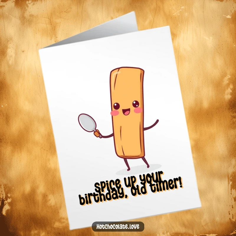 Funny Free Printable Birthday Card featuring a cheerful cinnamon stick character holding a tiny spoon, ready to spread happy wishes.