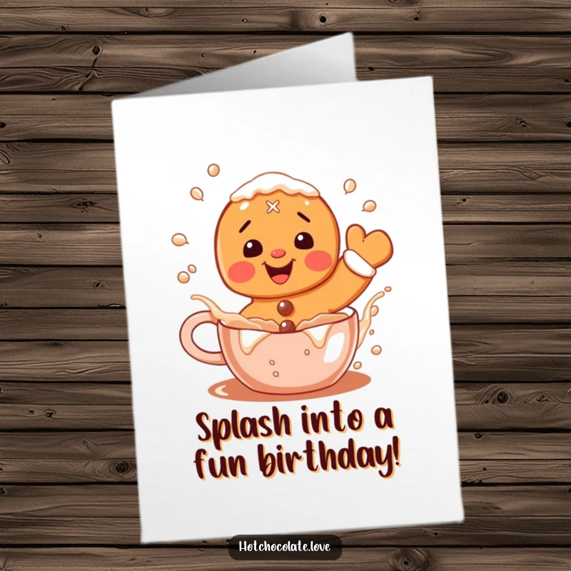 Funny Free Printable Birthday Card: A delighted gingerbread man joyfully splashes in a mug of hot cocoa.
