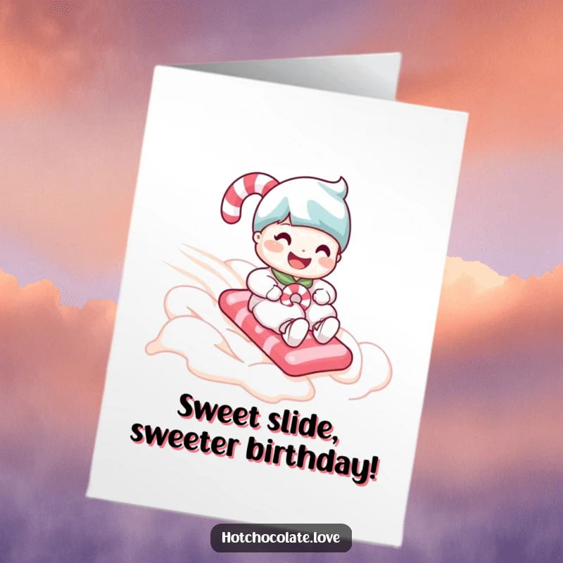 Funny Free Printable Birthday Card featuring a happy candy cane sliding down a whipped cream slope, perfect for a festive DIY gift.