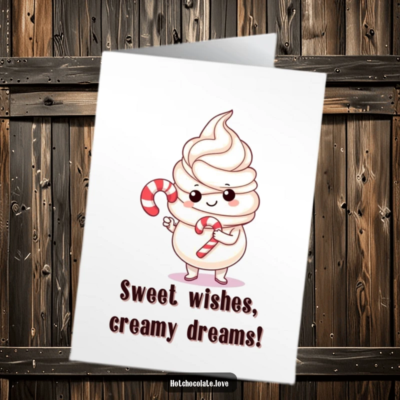 Funny Free Printable Birthday Card featuring proud whipped cream holding a tiny candy cane, perfect for a sweet laugh.