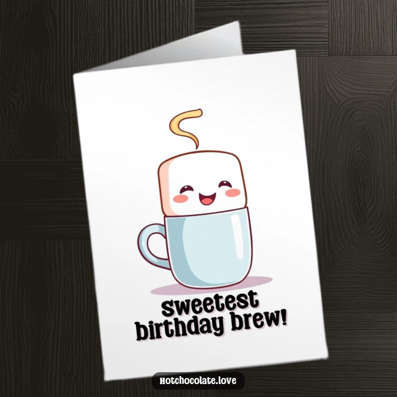 Funny Free Printable Birthday Card of a joyful marshmallow character enthusiastically stirring a steaming mug, spreading warmth and cheer.