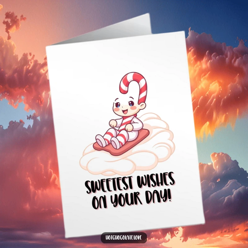 Funny Free Printable Birthday Card, smiling candy cane character gracefully sliding down a fluffy slope of whipped cream.