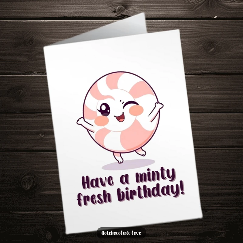Funny Free Printable Birthday Card featuring a winking peppermint character joyfully spinning with festive flair.
