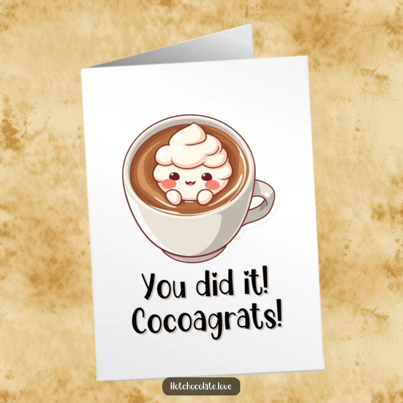 Funny Free Printable Congratulations Card with a happy cocoa powder puff character floating in a mug, ready to celebrate.