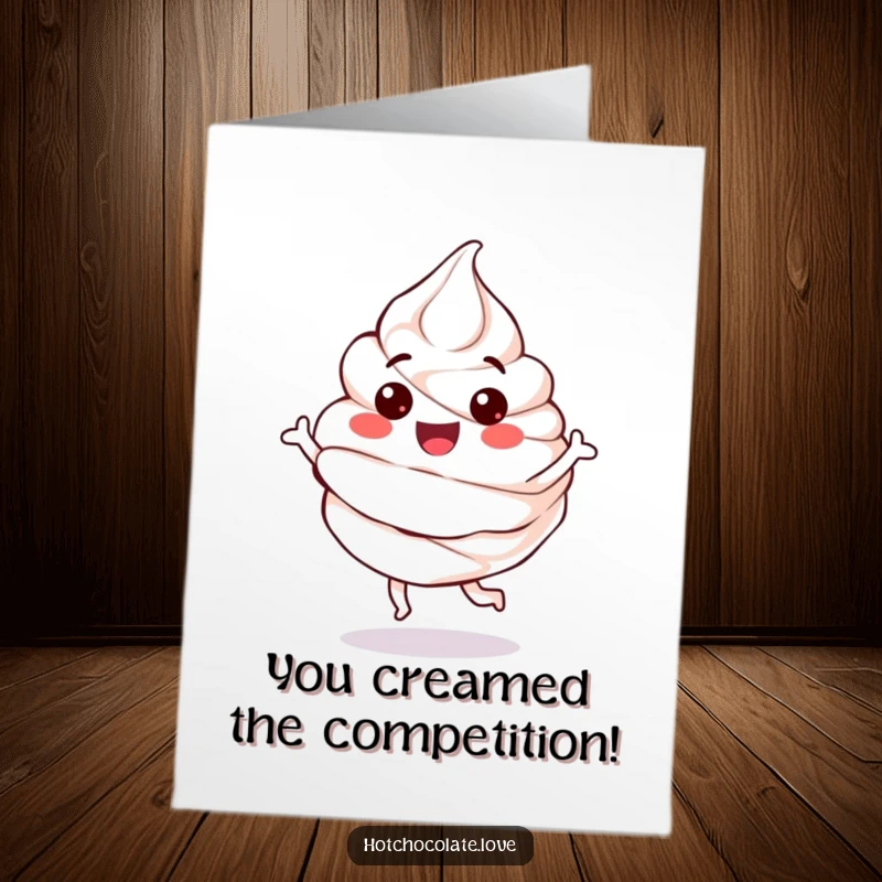 Funny Free Printable Congratulations Card: An anthropomorphic whipped cream dollop performs a happy, energetic bounce to celebrate your success.