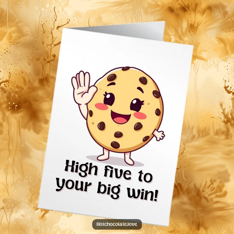 Funny free printable congratulations card: A chocolate chip cookie giving an enthusiastic high-five in celebration.