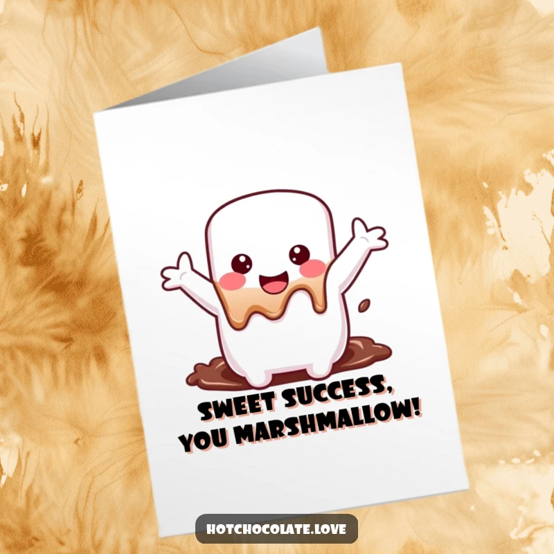 Funny Free Printable Congratulations Card: A happy marshmallow sinks into chocolate, celebrating your achievement with glee.