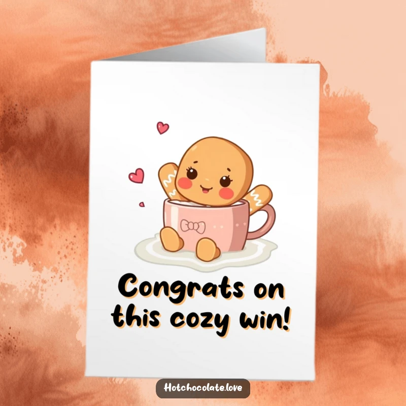 Funny Free Printable Congratulations Card: A delighted gingerbread person soaking in hot chocolate, a unique and downloadable congratulatory treat.