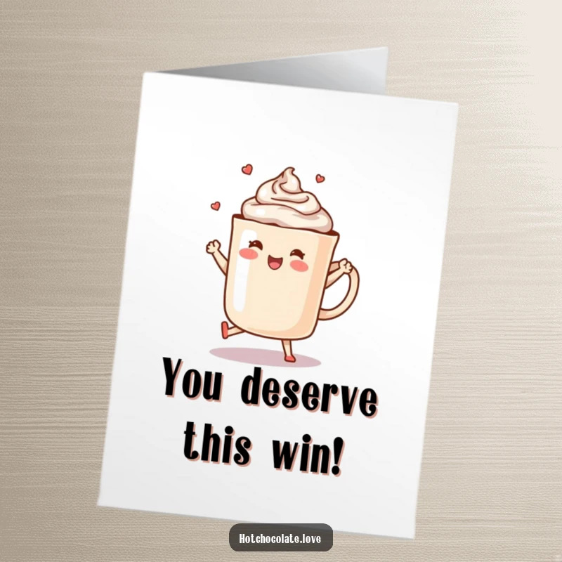 Free Printable Congratulations Card: A steaming mug of hot chocolate, beaming and performing a joyful dance, pure cocoa happiness.