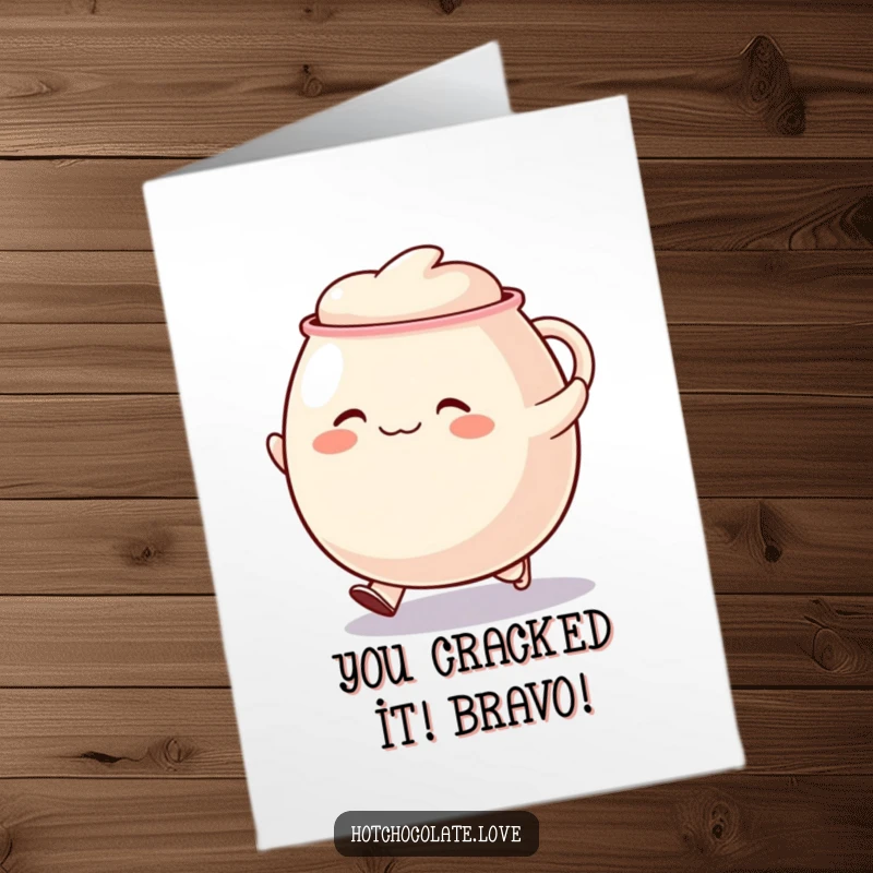 Funny Free Printable congratulations card featuring a round, happy mug doing a little skip, celebrating success with energetic glee.