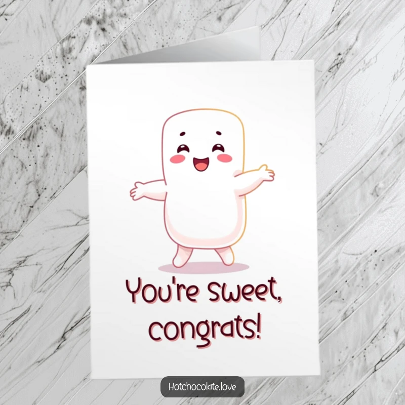 Funny Free Printable Congratulations Card: A smiling marshmallow character enthusiastically doing a happy dance.