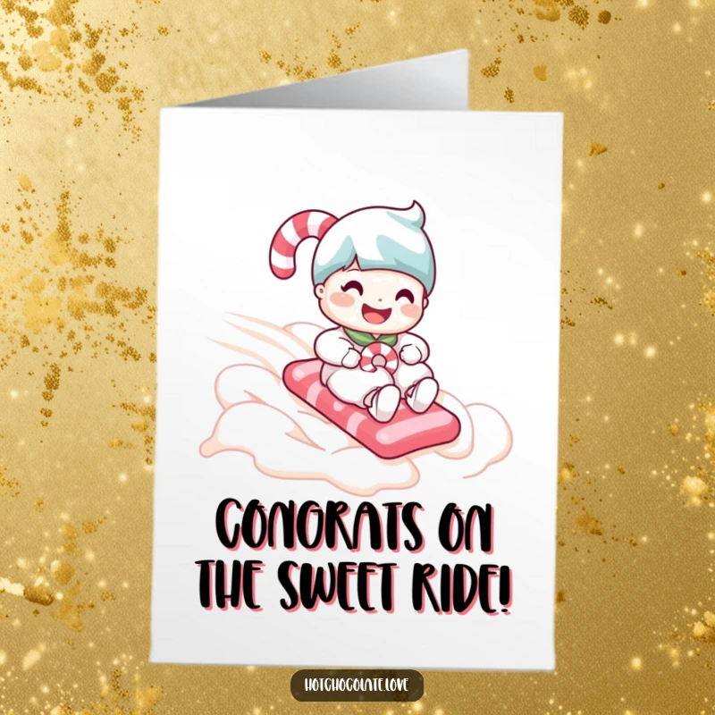 Funny Free Printable Congratulations Card showing a candy cane joyfully sliding on whipped cream, a unique downloadable celebration.
