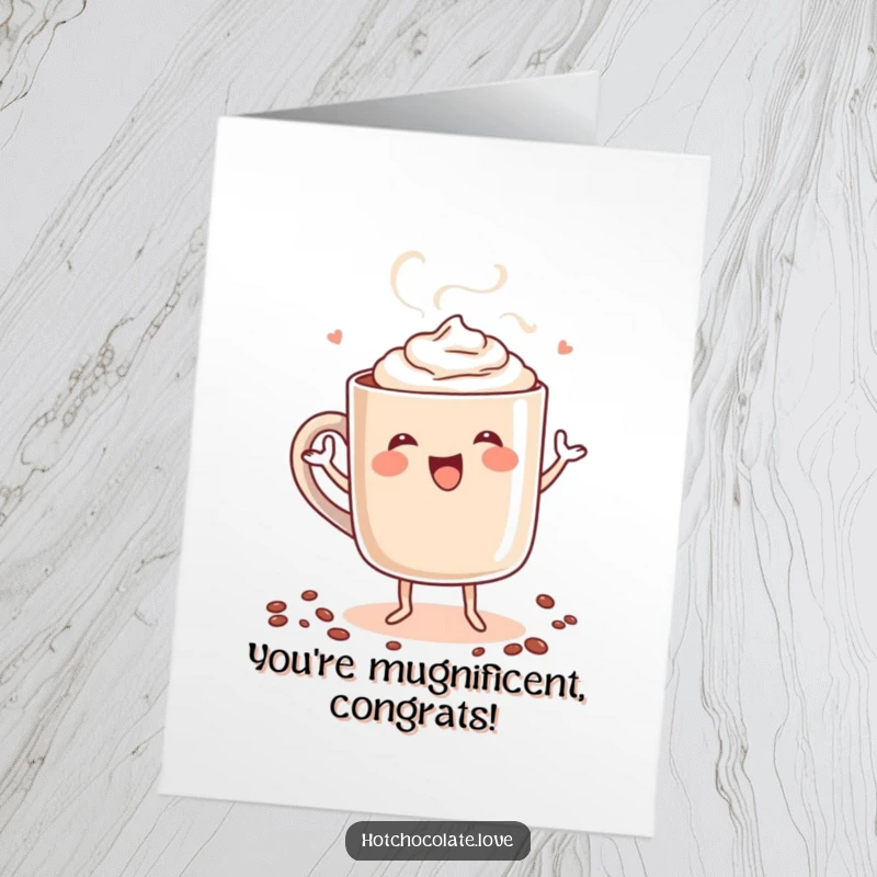Funny Free Printable Congratulations Card: A steaming mug of hot chocolate dances ecstatically, celebrating a wonderful achievement.