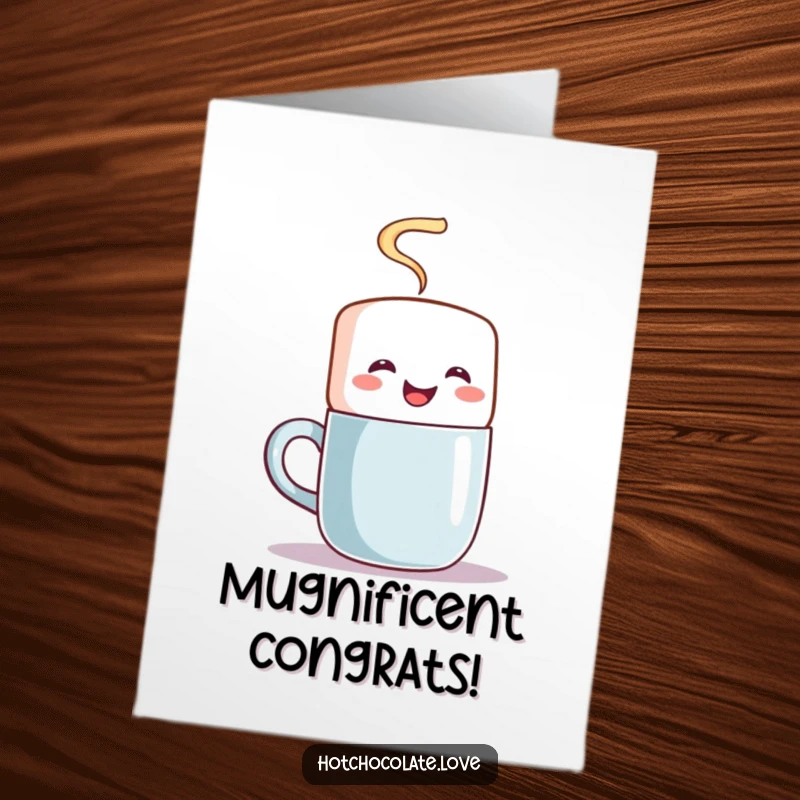 Funny Free Printable Congratulations Card showing a happy marshmallow character stirring a steaming mug, conveying warm congratulations.