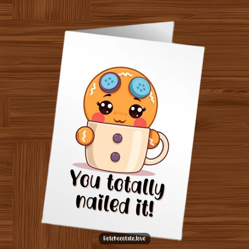 Funny Free Printable Congratulations Card: Gingerbread man with wide eyes, surprised, peeking over a mug, hilarious.