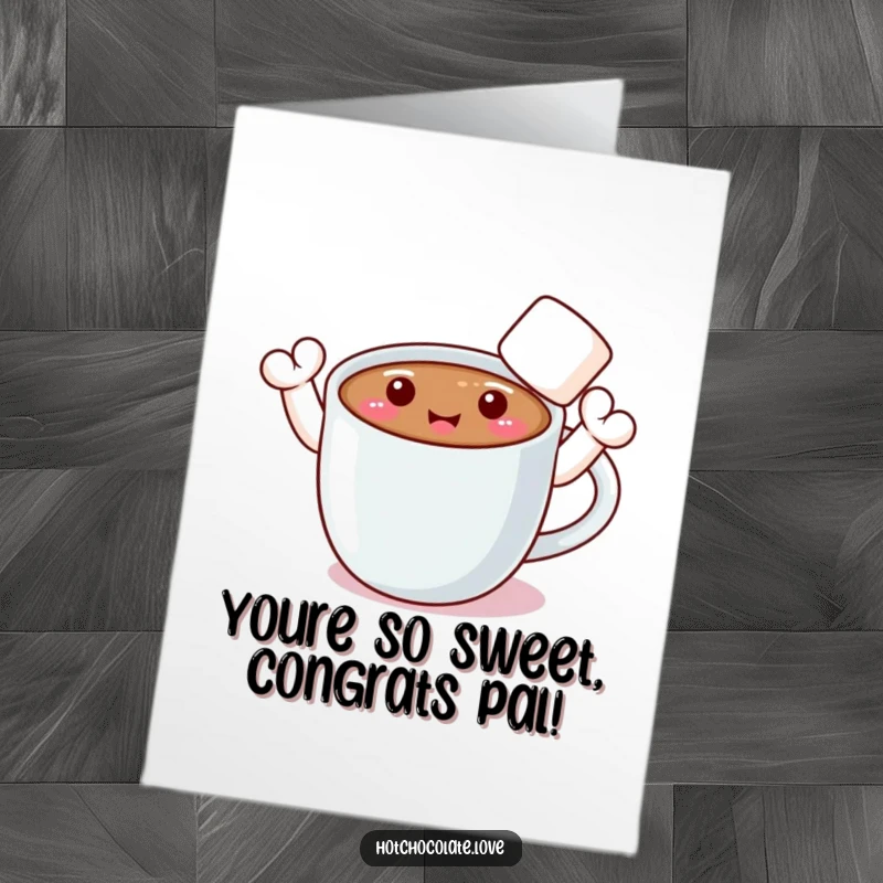 Funny Free Printable Congratulations Card: A joyful hot chocolate mug with marshmallow arms waving enthusiastically.