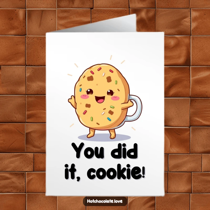 Funny Free Printable Congratulations Card: a happy cookie doing a jig in a frosty mug, celebrating achievements.