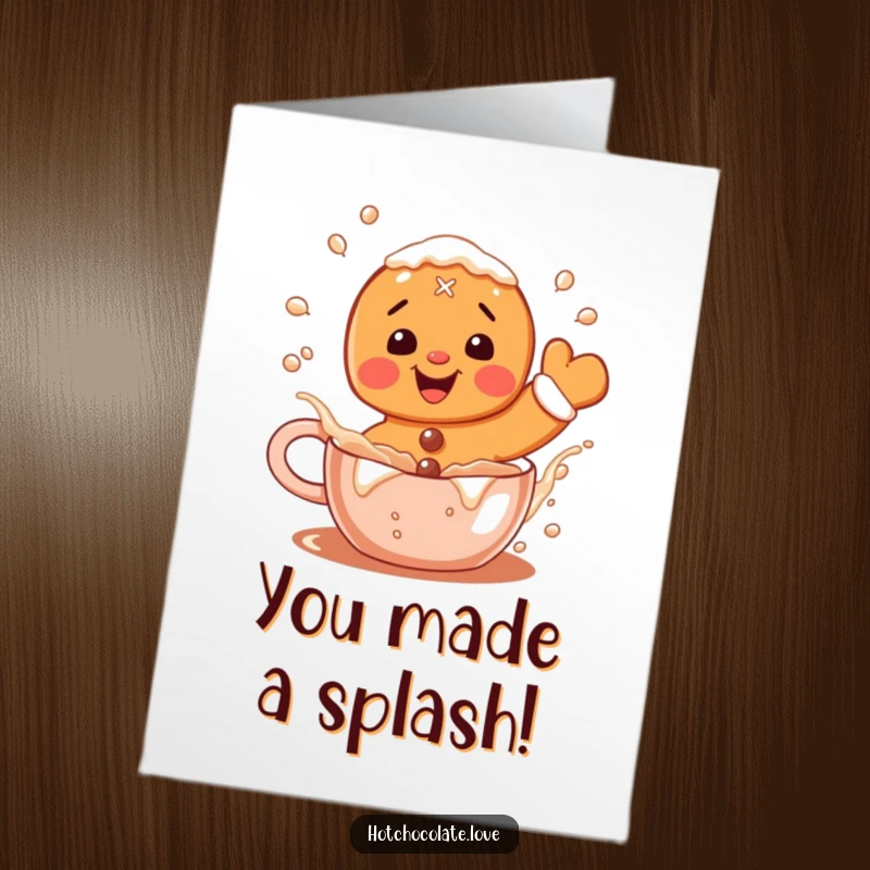 Funny Free Printable Congratulations Card: A happy gingerbread man makes a playful splash in hot cocoa.