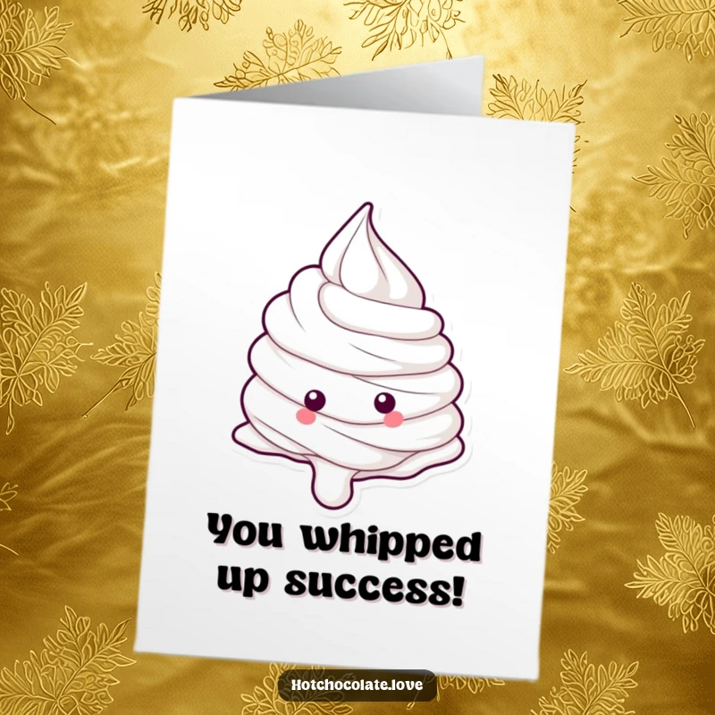 Funny Free Printable Whipped Cream Card: A cheerful dollop joyously rolling downhill, celebrating a fantastic achievement with infectious energy.