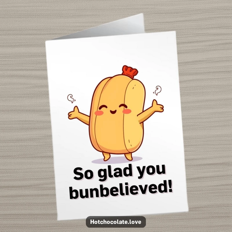 Funny Free Printable Congrats Card: A smiling hot dog bun extending arms for a warm, steamy hug.