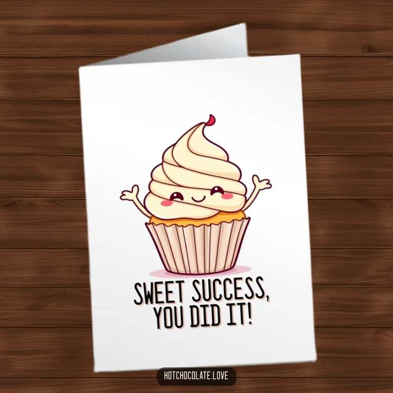 Funny Free Printable Congratulations Card: A happy cupcake dancing a jig with rising steam, celebrating.