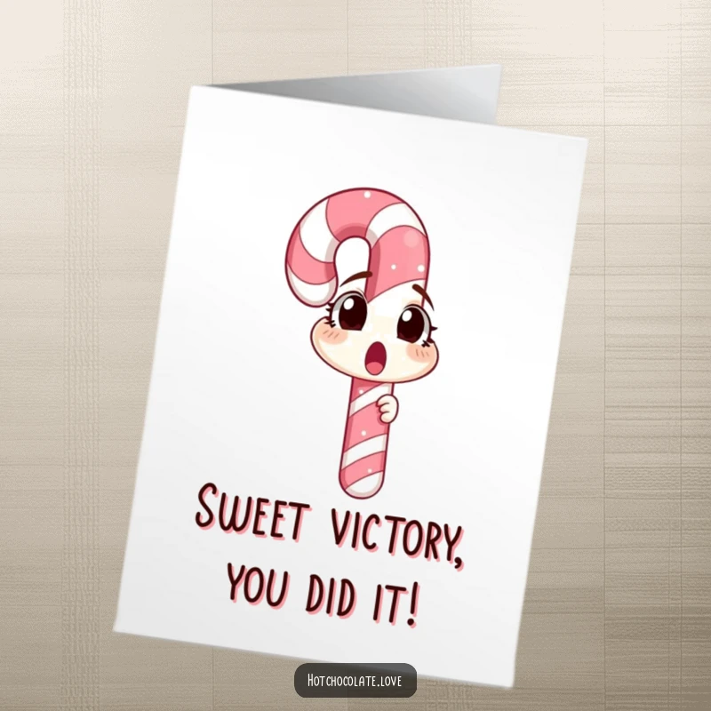 Funny Free Printable Congratulations Card depicting a surprised candy cane looking at its reflection, a humorous way to celebrate.