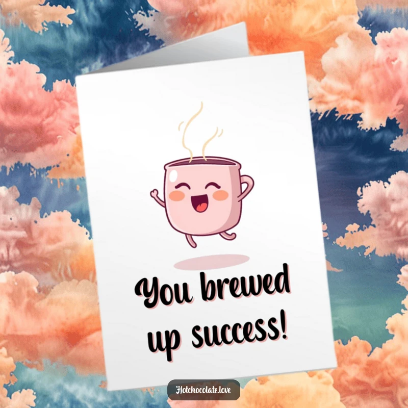 Free printable congratulations card of a steaming mug jumping for joy, conveying excitement and good news.